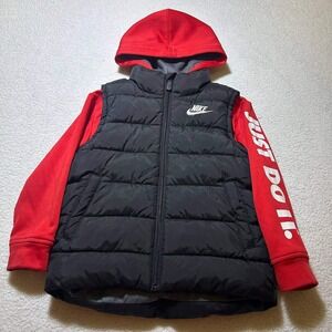 Nike Boys 4T Therma-FIT Puffer Jacket Red Black Just Do It Hooded Quilted Vest